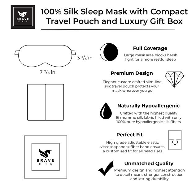 100% Silk Sleep Mask with Compact Travel Pouch and Luxury Gift Box by BRAVE ERA